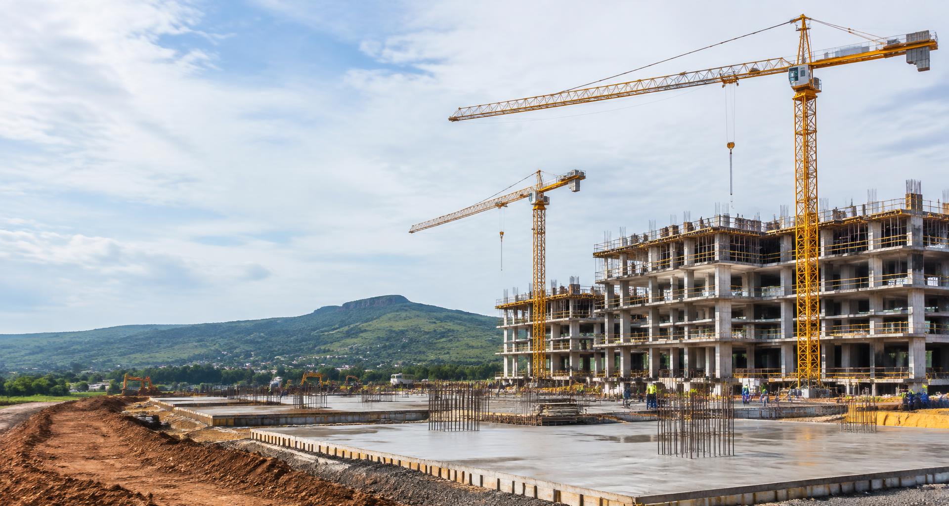 South African construction site with tower cranes and concrete building works