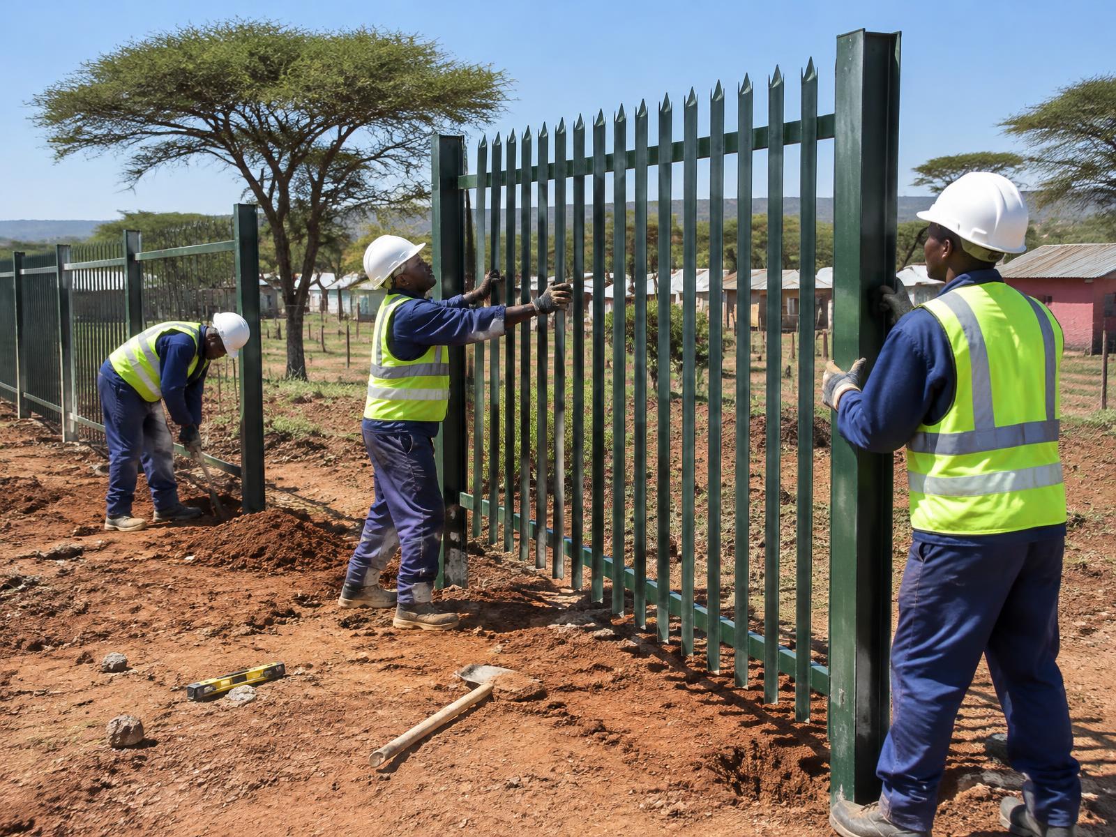 Steel palisade fencing installation